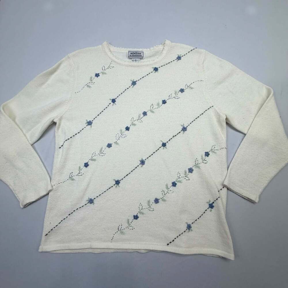 Adeline Alfred Dunner Vintage Women's Cream Floral Embroidered Pullover Sweater
